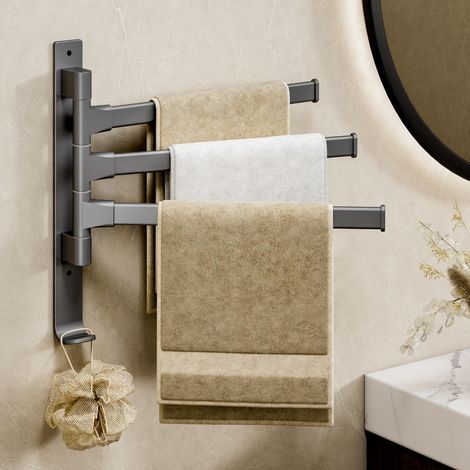 Porte-serviettes pivotant de cuisine à montage mural, petit porte-serviettes rotatif de salle de bain, porte-serviettes pivotant, barre pliante, options de montage sans clou ou percé, 3 bras de (1/5)