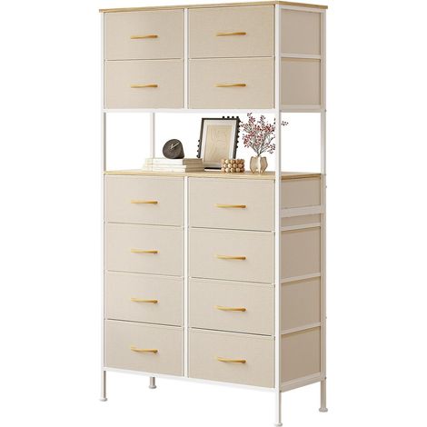 Commode 12 tiroirs, meuble de rangement, poignées faciles, cadre métal Beige