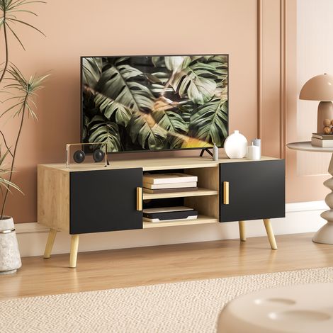 Mobile/panca porta TV in legno per televisori fino a 50 pollici con ripiani, 2 armadietti e sistema di gestione dei cavi, rovere