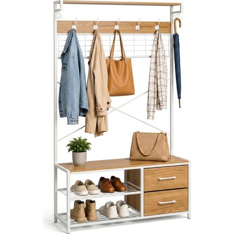 Relaxdays coat stand, shoe rack, hooks, 2 drawers & shelves, HxWxD: 176 x 80 x 30 cm, natural/white (1/5)