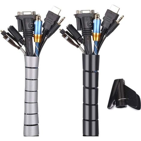 Tire fils d'électricien Cache Cable 2 Pack,Flexible Range Cable 2x3m PE Cable Rangement Organisateur de Cable pour Ranger ou Cacher les cables,Gaine pour cables(2.2cm et 1.6cm),Noir et Gris