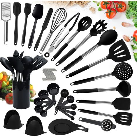 Ustensiles de Cuisine Silicone,49 Pcs Antiadhésif, Set avec Pot de Rangement pour Louche/Spatule,Noir (1/5)