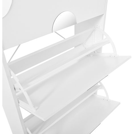 Meuble de rangement pour chaussures moderne et unique. Meuble avec 3 portes, miroir arrondi. Grande capacité de stockage. Conçu pour être utilisé dans les espaces d’entrée ou les vestibules.