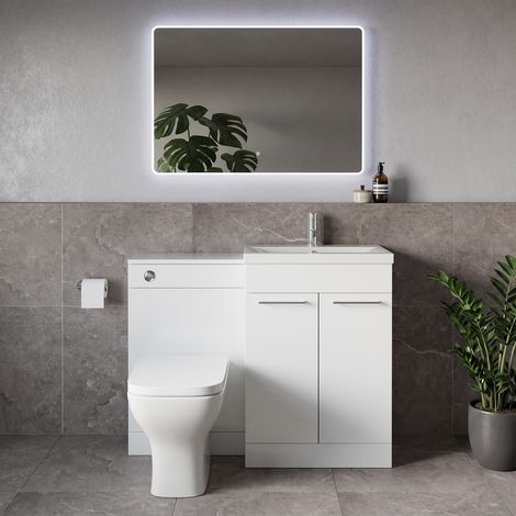 Napoli 390 Gloss White 1100mm 2 Door Vanity Unit Toilet Suite with Glide Basin - 1100mm - Chrome 160mm HandleWith Kingston Toilet Pan and Seat