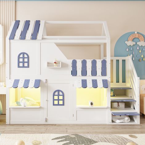 Lit superposé cabane 90x200 cm forme maison avec fenêtres, toit, porte, LED, échelle rangement, étagères, sans matelas, blanc + bleu (1/5)