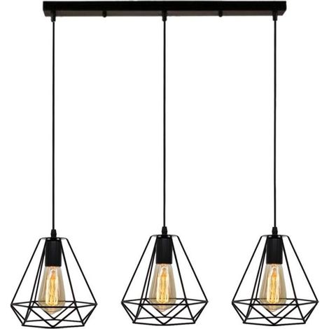 STOEX Suspension Industrielle Vintage Cage Dimant, Lampe de Plafond Barre 3 Luminaire Métal Lustre Abat-Jour E27 Noir (1/4)