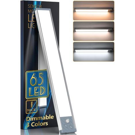 Éclairage LED de placard Détecteur de mouvement 65 LED Lumière d’armoire Lumière d’armoire 3 modes de couleur Luminosité réglable Ruban LED 2500mAh Batterie USB rechargeable [Classe Énergie E]