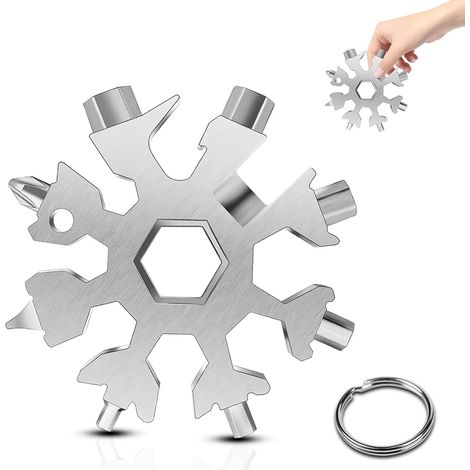 Outil Flocon Neige Outil multifonction en acier inoxydable 18-en-1, pour Les Voyages Quotidiens Camping Adventure multifonction portatif Mini Tools Cadeau Noel (argent) (1/5)