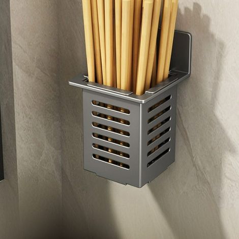 Essstäbchenkorb aus Edelstahl für Küchenutensilien, dunkelgraue Wandhalterung, 15,4 x 9,6 x 9,6 cm