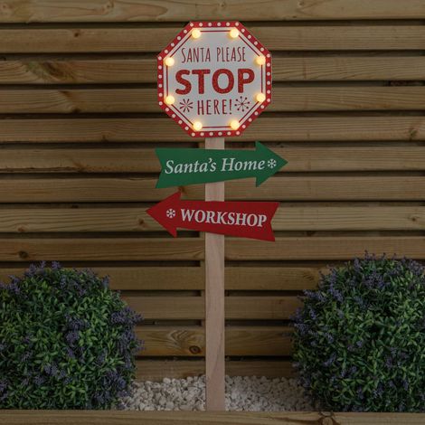 75cm Light Up Wooden Santa Stop Here Christmas Sign with Warm White LEDs (1/5)