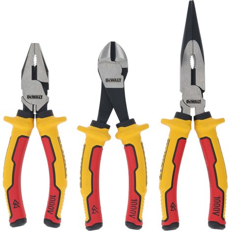 DeWalt DWHT82811-0 3 Piece VDE Insulated Pliers Set - Diagonal 160mm, Long mouths 200mm, Universal 160mm