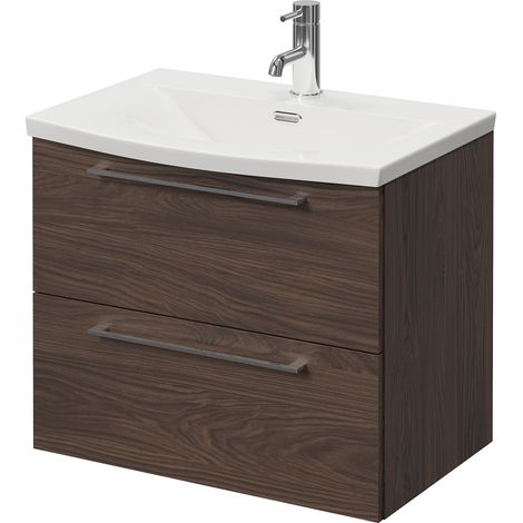 Napoli 390 Brown Oak 600mm Wall Mounted 2 Drawer Vanity Unit with Arc Basin - 600mm - Chrome 320mm Handle