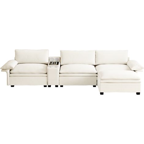 FurnitureR Canapé Modulaire 4 Places avec Haut Parleur Bluetooth Charge Sans Fil Accoudoirs Réglables Canapé Tissu avec Méridienne et Rangement, Beige (1/5)