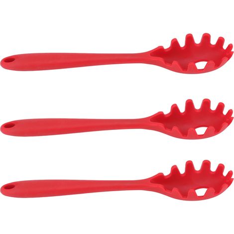 3 Pièces Cuillère Spaghetti en Silicone Alimentaire Résistant à la Chaleur, Fourchette et Cuillère Multifonction pour Pâtes, Ustensiles de Cuisine Rouge