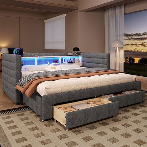 Canapé‑lit 90x190 cm avec lit gigogne, tiroirs, ports USB/Type‑C et LED, velours gris