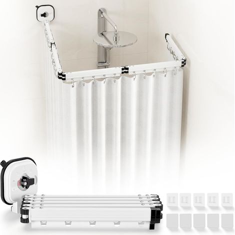 Rideau De Douche Sans Perçage, Tringle à Rideau De Douche Pliable Avec Ventouses, Barre de Douche à Angle Réglable/Extensible Sans Perçage Pour Douche d'Angle,Blanc(5 Plis) (1/5)