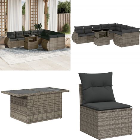 Salon de jardin avec coussins 10 pcs gris résine tressée - Ensemble Salon Jardin - Meuble Extérieur - Résine Tressée - Rotin Synthétique - Table Extensible - Home & Living (1/5)
