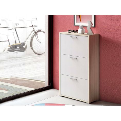 Dmora - Zapatero Dlos, Mueble de entrada polivalente con 3 puertas abatibles, Zapatero de doble profundidad, 100% Made in Italy, 67x28h112 cm, Blanco y Olmo (1/4)