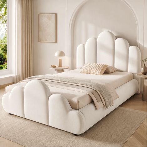 Lit enfant rembourré 90x200 cm avec pied de lit en forme de nuage, tête de lit capitonnée et coins arrondis, structure monobloc, velours, Beige
