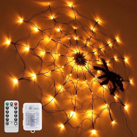 Décorations d'Halloween Toile d'araignée lumineuse, 70 lumières LED orange avec araignée noire, télécommande pour fête, cour, bar, maison hantée (1/5)