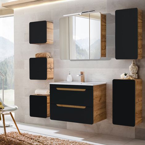 Badmöbel Komplettset in seidenmatt anthrazit mit Wotan Eiche Nb. NEW-LUTON mit 81 cm Keramik-Waschtisch & LED-Spiegelschrank, B/H/T ca. 180/200/46 cm (1/5)