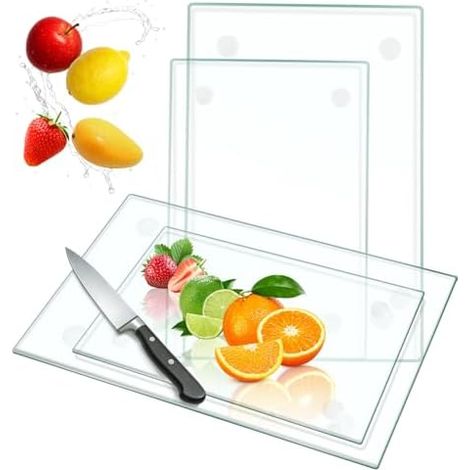 Lot de 4 Planches à Découper en Verre Trempé(2×20×30 cm + 2×40×30 cm) Transparente pour Plan de Travail de Cuisine,Pieds Antidérapants,Résistante à la Chaleur et aux Éclats (1/5)