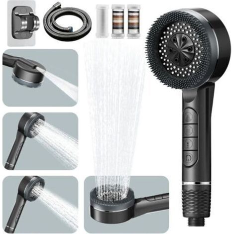 High-pressure shower head, water-saving shower head with 4 spray patterns, anti-limescale, 1.5m shower hose and holder included, water shut-off button, grey (1/4)
