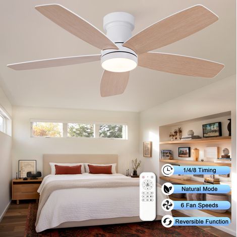 Ventilateur de plafond LED 5 pales réversibles, 6 vitesses, télécommande, métal et bois naturel blanc (1/5)