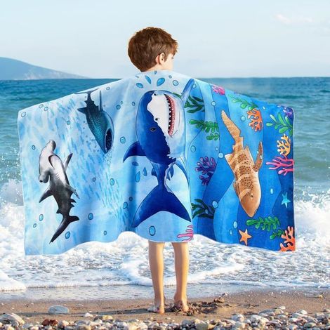Serviette de plage enfant WERNNSAI Shark - 76x150 cm, serviette de bain anti-sable à séchage rapide, idéale pour les garçons, (1/5)