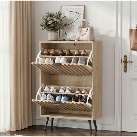 Meuble à chaussures 60x24x95 cm en MDF effet bois naturel, gain de place pour entrée FloraGrace (1/5)