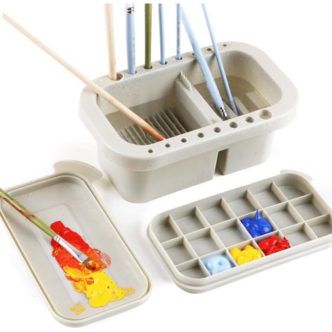 Bassin À Pinceaux - Réservoir Lavage 16 Trous - Palette Mélange Couleurs - Boîte À Peinture 18 Godets - Couvercle Inclus - 22,7 X 13,3 X 11,4 Cm - 1 Pièce