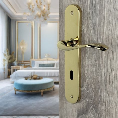 Ouvre&Déco – Poignée de porte d'entrée LAURA – Laiton poli brillant – Entraxe 195 mm – Plaque fonction clé L – Vernis haute résistance