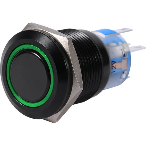 19 mm selbstverriegelnder Flachdrucktaster, 12–24 V, Ein/Aus, schwarz, wasserdicht, grüne LED (1/4)
