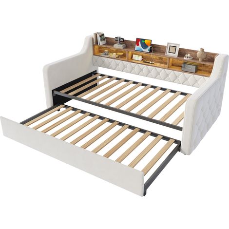 Canapé-lit gigogne 90x190 cm en velours avec LED USB Type-C et tête de lit beige (1/5)