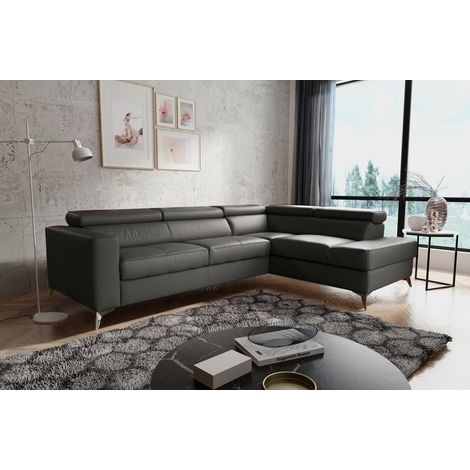 Canapé d'angle convertible en cuir italien de luxe 5/6 places avec coffre, MONZA, gris foncé, angle droit (1/4)