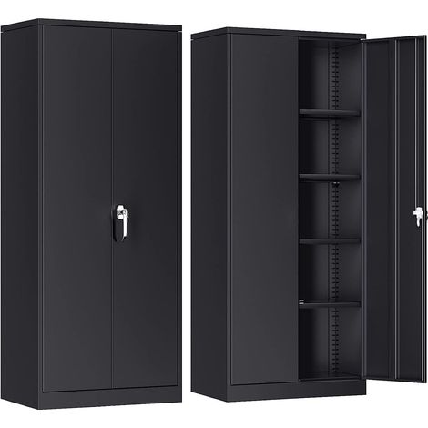 Armoire de Bureau métallique avec 4 Étagères Réglables en Hauteur Armoire en Acier Pour Outils pour Classeur Rangement Documents Industriel Meuble 2 Portes 180 x 80 x 40 cm (Noir) (1/5)