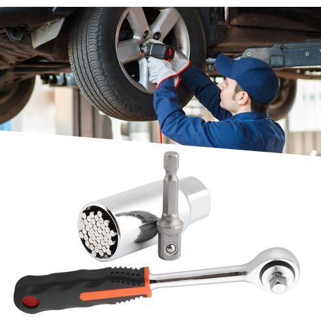 Ensemble d'outils pour perceuse électrique : clé à cliquet multifonction 3/8 po avec poignée à douille universelle 9-21 mm et douilles. (1/5)