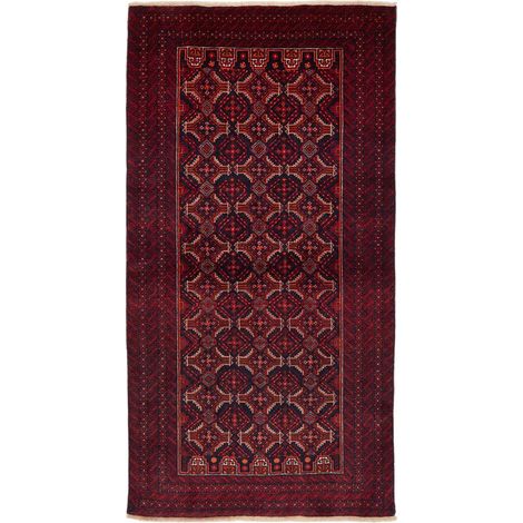 Tapis salon 108 x 208 cm, motif traditionnel, bordeaux, noir et rouge, laine naturelle nouée à la main, authentique (1/5)