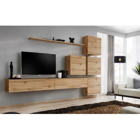 Ensemble mural - Switch IX - 4 vitrines carrées - 2 bancs TV - 1 étagère - Bois - Livraison gratuite