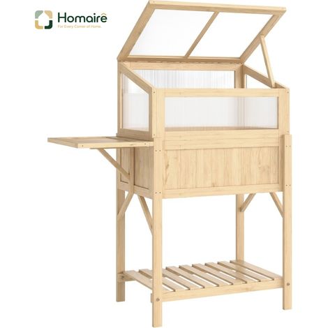 HOMAIRE Hochbeet mit Frühbeetaufsatz aus Holz, Pflanzkasten, Gewächshaus klappbar, Seitentisch und Ablagefach