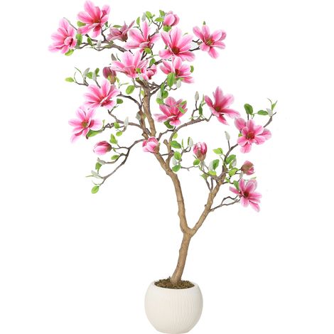 Magnolia artificiel réaliste en pot – Plante verte décorative – Fleurs roses, toucher naturel – Sans entretien – Parfait pour salon, bureau, chambre – 4FT (1/5)