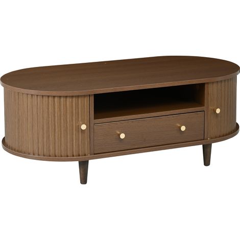Table basse ovale effet noyer 100 x 50 x 36 cm, avec tiroir, rangement ouvert et porte à rideau, meuble de salon à quatre pieds (1/5)