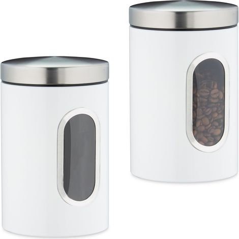 2 x Recipiente de Almacenamiento, 1,4 L, con Tapa y Ventana, para Café, Harina, Pasta, Bote para Cocina, Metal, Blanco