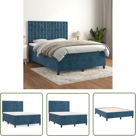The Living Store Sommier à lattes de lit et matelas Bleu foncé 140x200cm Velours - Lit Plateforme - Lit Tapissier - Lit Velours - Lit Double - Literie (1/5)