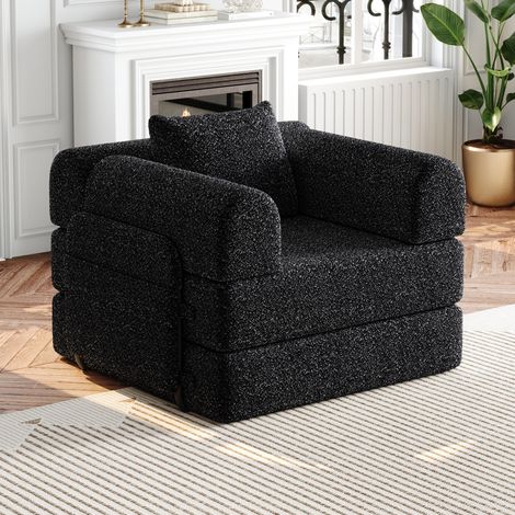 Sofá cama individual 2 en 1 de chenilla negro con compartimento en reposabrazos (1/5)