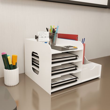 Schreibtisch-Organizer, 4-stufiger Papiersortierer, Schreibtisch-Organizer und Aufbewahrung für Büromaterial, Zuhause oder Schule (Weiß) (1/5)