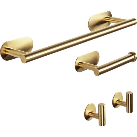 Juego de accesorios de baño de 4 piezas, portarrollos de papel higiénico de acero inoxidable, gancho para bata dorado (1/5)