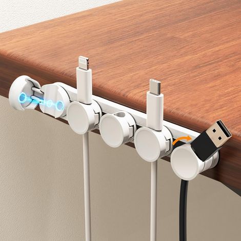 Cable Organizer with Sliding Rail, 5 Adjustable Magnetic Cable Clips, 45° Rotatable Cable Holder, 8mm Cable Management for Office, TV, PC, Charging Cables (1/5)