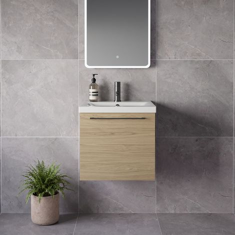 Napoli 390 Light Oak 500mm Wall Mounted Single Drawer Vanity Unit with Glide Basin - 500mm - Gunmetal Grey 320mm Handle