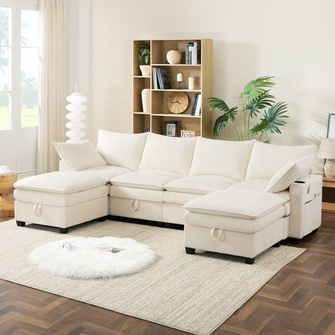 Divano modulare L 280x152x83 cm, con 2 poggiapiedi rimovibili, porte USB, vani portaoggetti, velluto a coste beige (1/5)